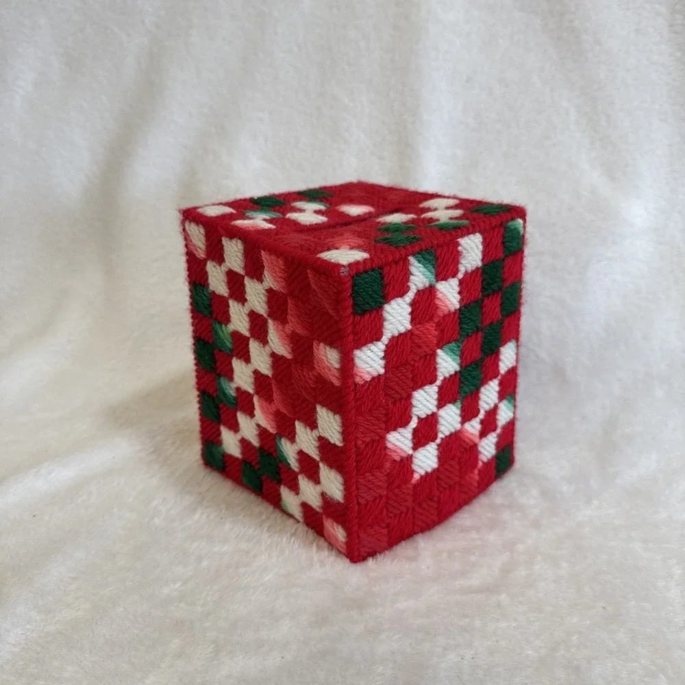 Handmade Plastic Canvas Christmas Tissue Box Cover Red Green White Geometric